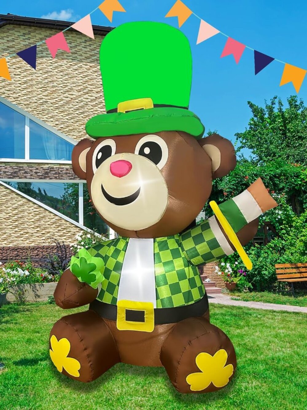 4 FT St Patricks Day Inflatable Bear Decoration LED Lighted Blow up